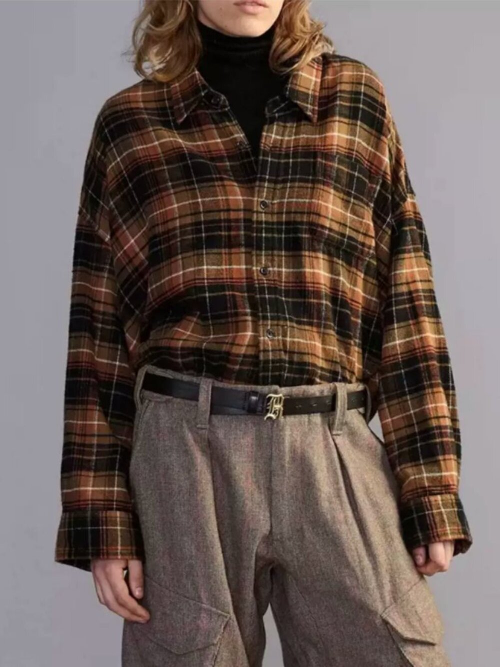 NWT R13 Drop Neck Cropped Shirt - Light Brown Black Plaid